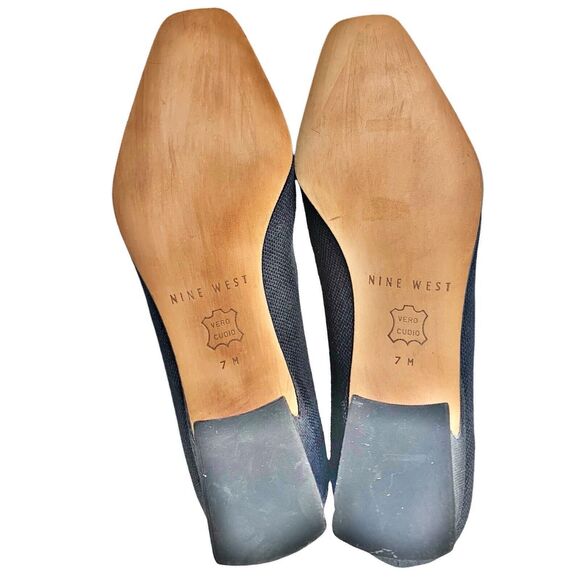 Nine West Block Heel Square Toe High Heeled Shoes Pumps 7 Navy Blue Fabric Upper - Picture 7 of 9